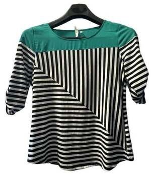 My Collection Women's Green Black White Striped 3/4 Roll Tab Sleeve Tunic Blouse